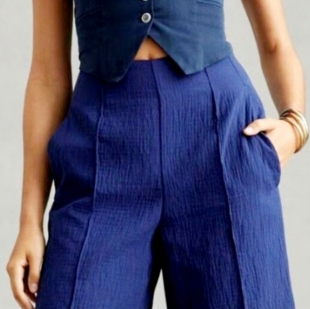 Anthropologie Maeve Preppy Blue Cotton Blend Wide Leg Ankle Pants Size 6 - Picture 11 of 11
